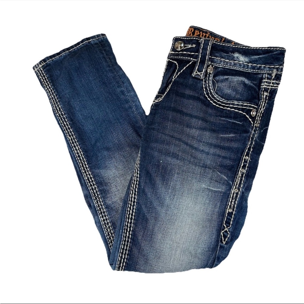 Rock Revival Women’s Size 24 Kai Capri Jeans Dark Wash Flap Pockets Blue #3210